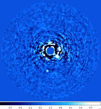 Orbital motion of 51 Eri b detected between two H-band observations taken with the Gemini Planet Imager in December 2014 and September 2015. From this motion, and additional observations of the system, the team of astronomers confirmed that this point of light below the star is indeed a planet orbiting 51 Eri and not a brown dwarf passing along our line of sight. (credit: Christian Marois & the GPIES team)