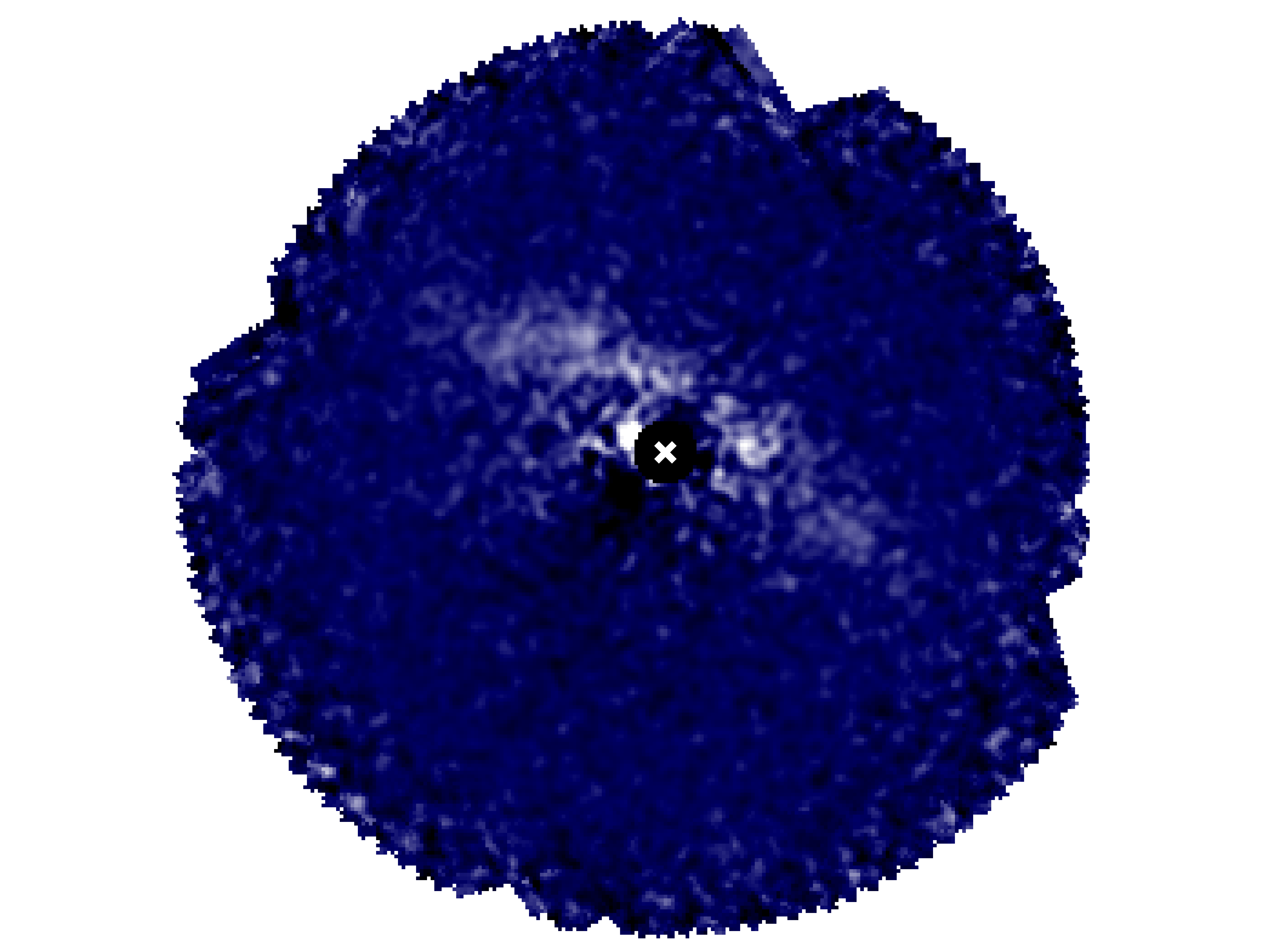GPI detection of dust-scattered star light around HD 131835 in H-band linearly polarized intensity. The focal plane mask (filled black circle) was used to block the light from the star (white x). The stronger forward scattering makes the front (NW) side of the disk more apparent. A weaker brightness asymmetry is detected along the major axis with the NE side being brighter than the SW side. By studying resolved images of debris disks, we hope to better understand the giant planet formation and evolution environment (credits: Li-Wei Hung & the GPIES team)